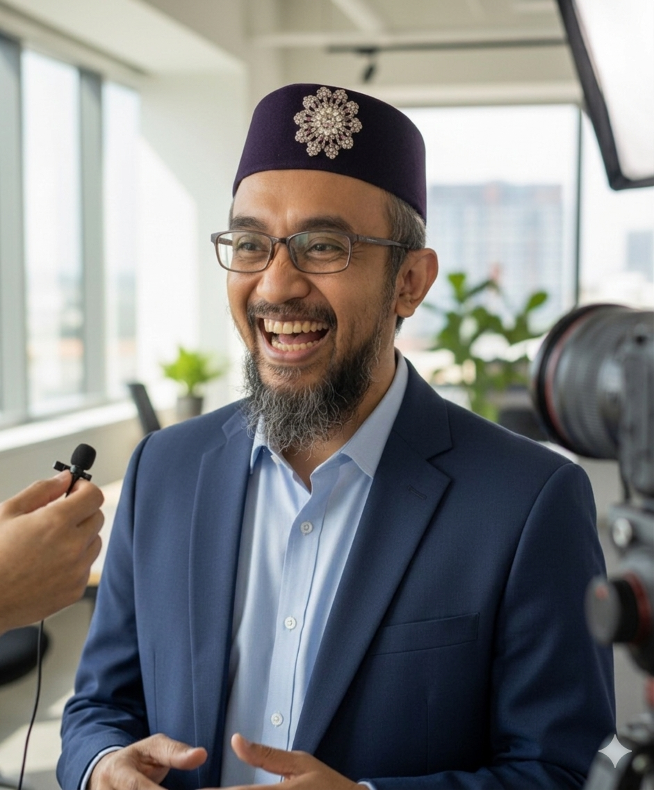 Mar laughing during an interview, in a songkok and glasses, with mic and camera visible